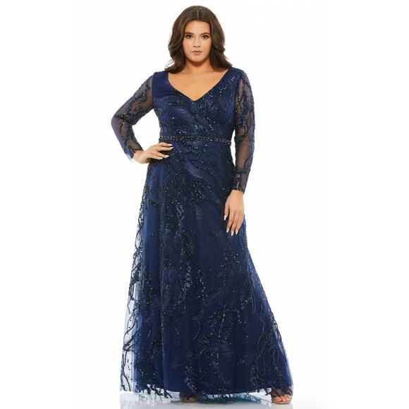NEW Mac Duggal Navy Embellished Illusion Long Sleeve V-Neck A-Line Mesh Gown - Picture 1 of 14